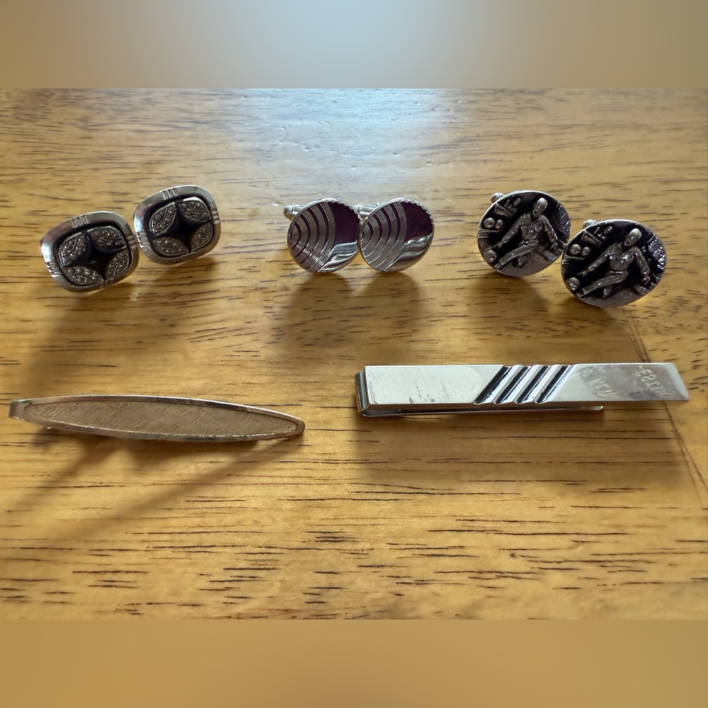 Lot of Vintage Cuff Links‎ & Tie Clips Silver Color Bowling Military Special